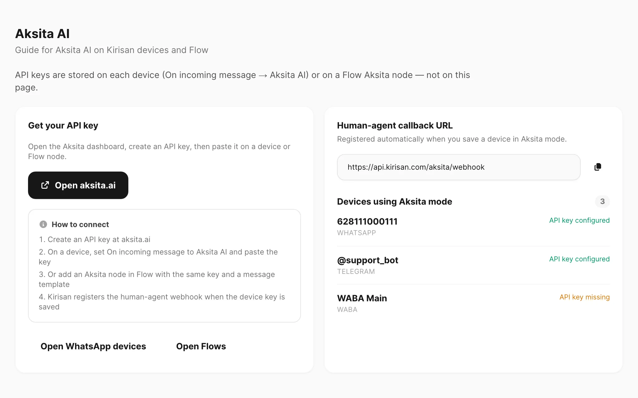 Aksita AI Integration page — guide, callback URL, and devices list