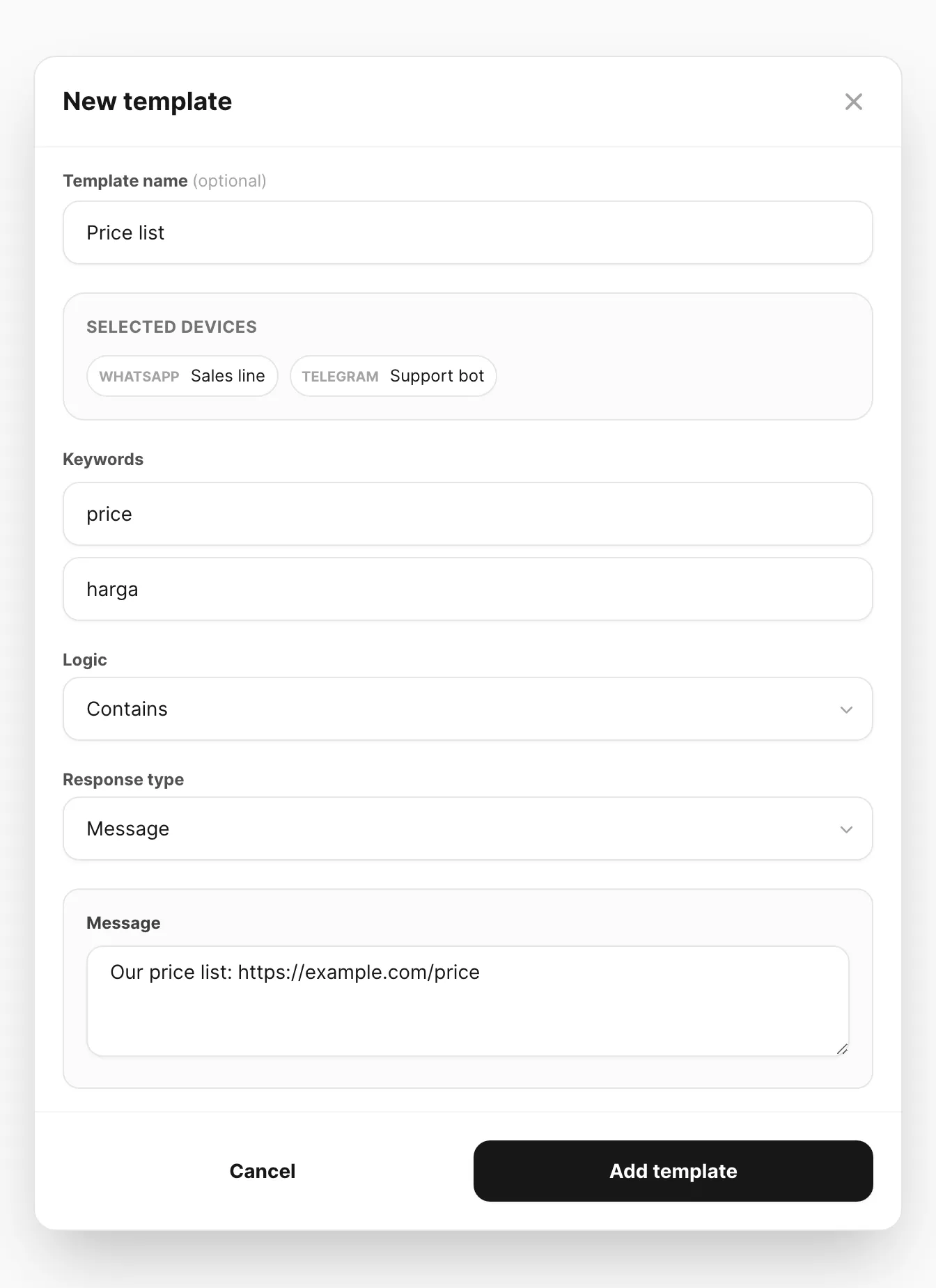 Template autoreply baru — device, keyword, logic, dan respons