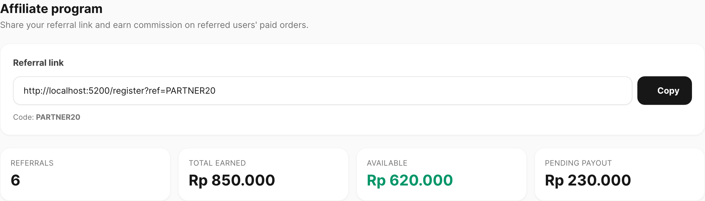 Affiliate program — referral link and summary stats