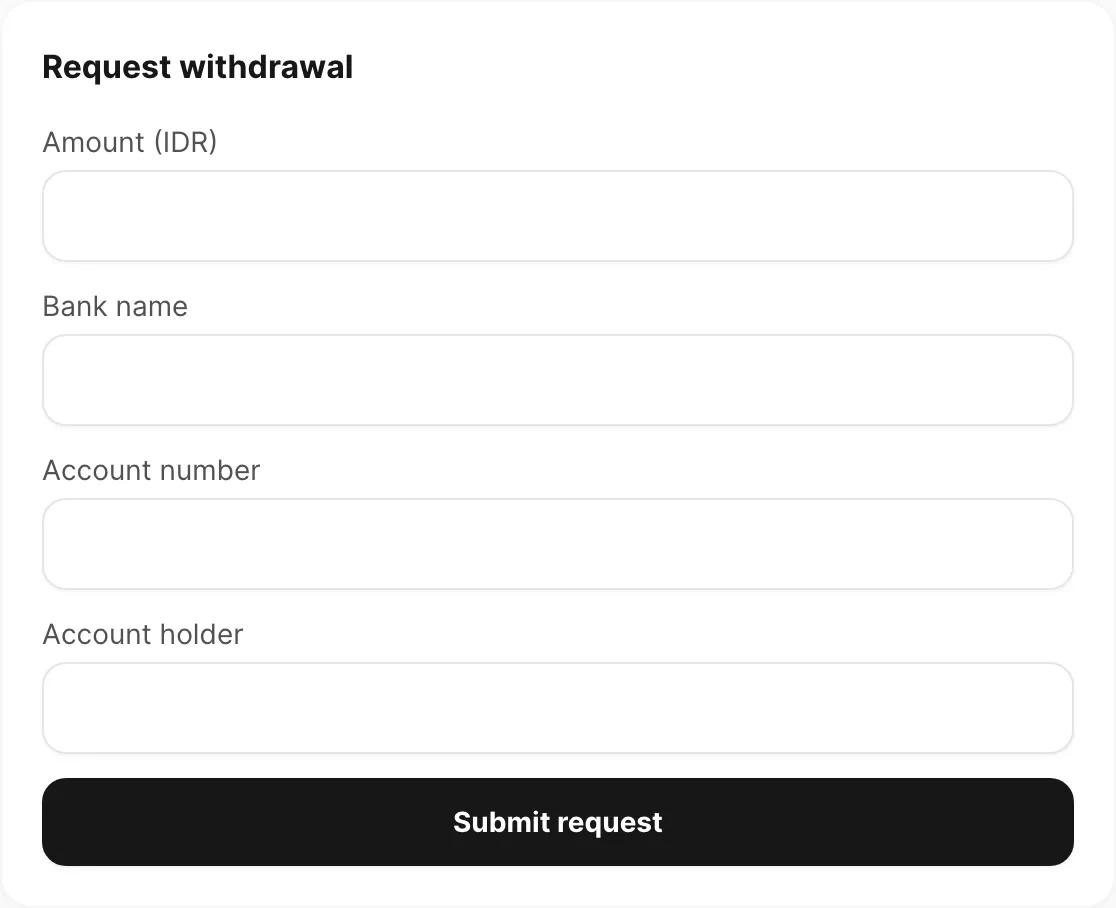 Request withdrawal form and bank fields
