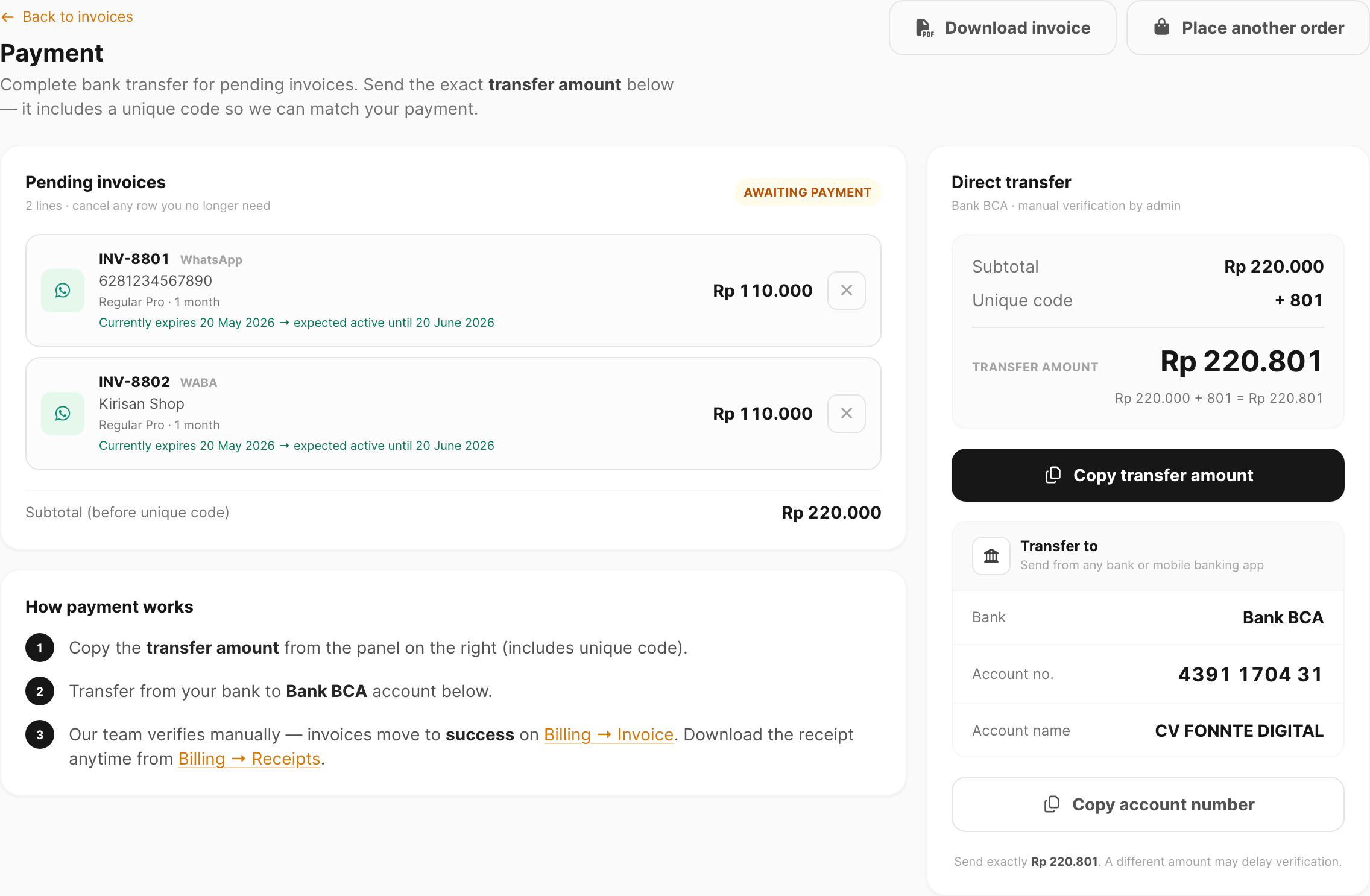 Checkout — pending invoices, payment steps, and direct transfer panel