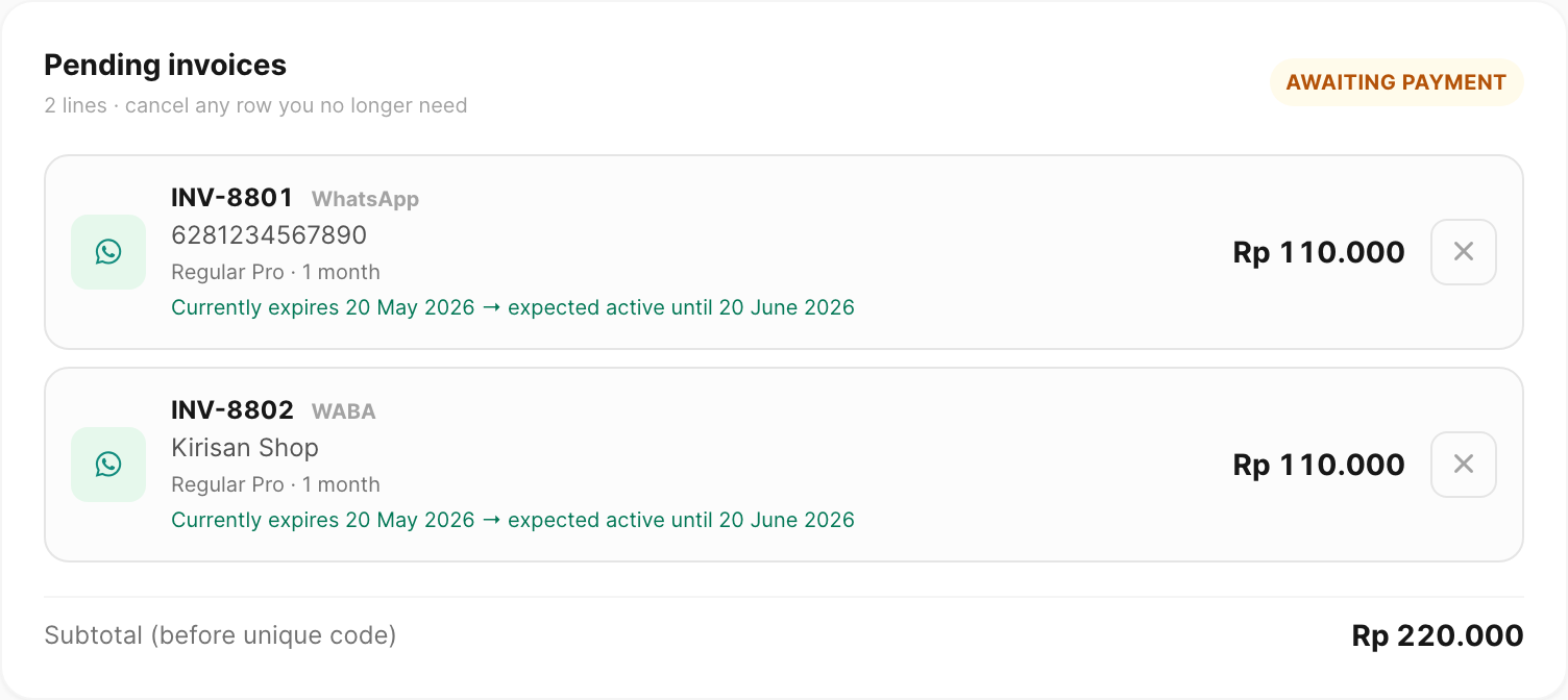 Pending invoices — invoice numbers, plan, expiry preview, and subtotal