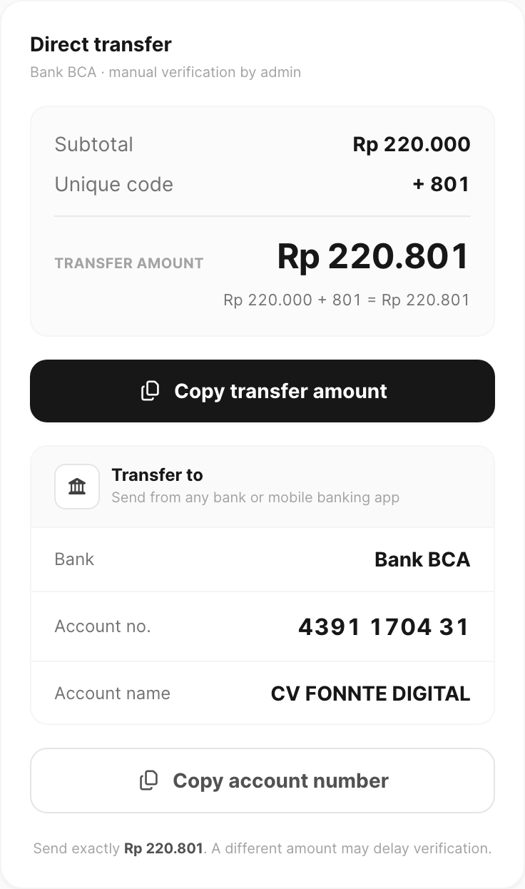 Direct transfer — subtotal, unique code, transfer amount, and bank details