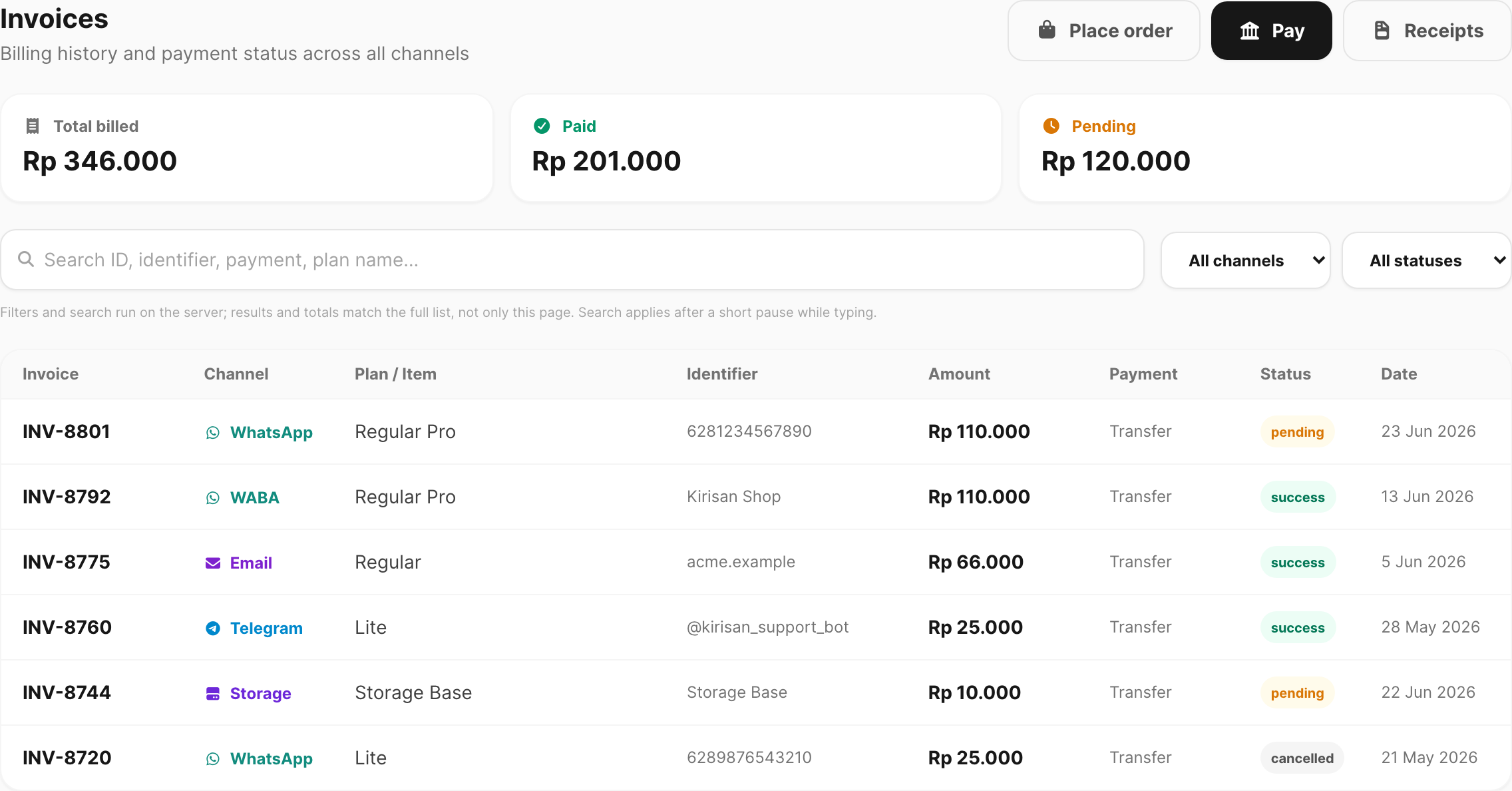 Invoices — summary cards, filters, and invoice table