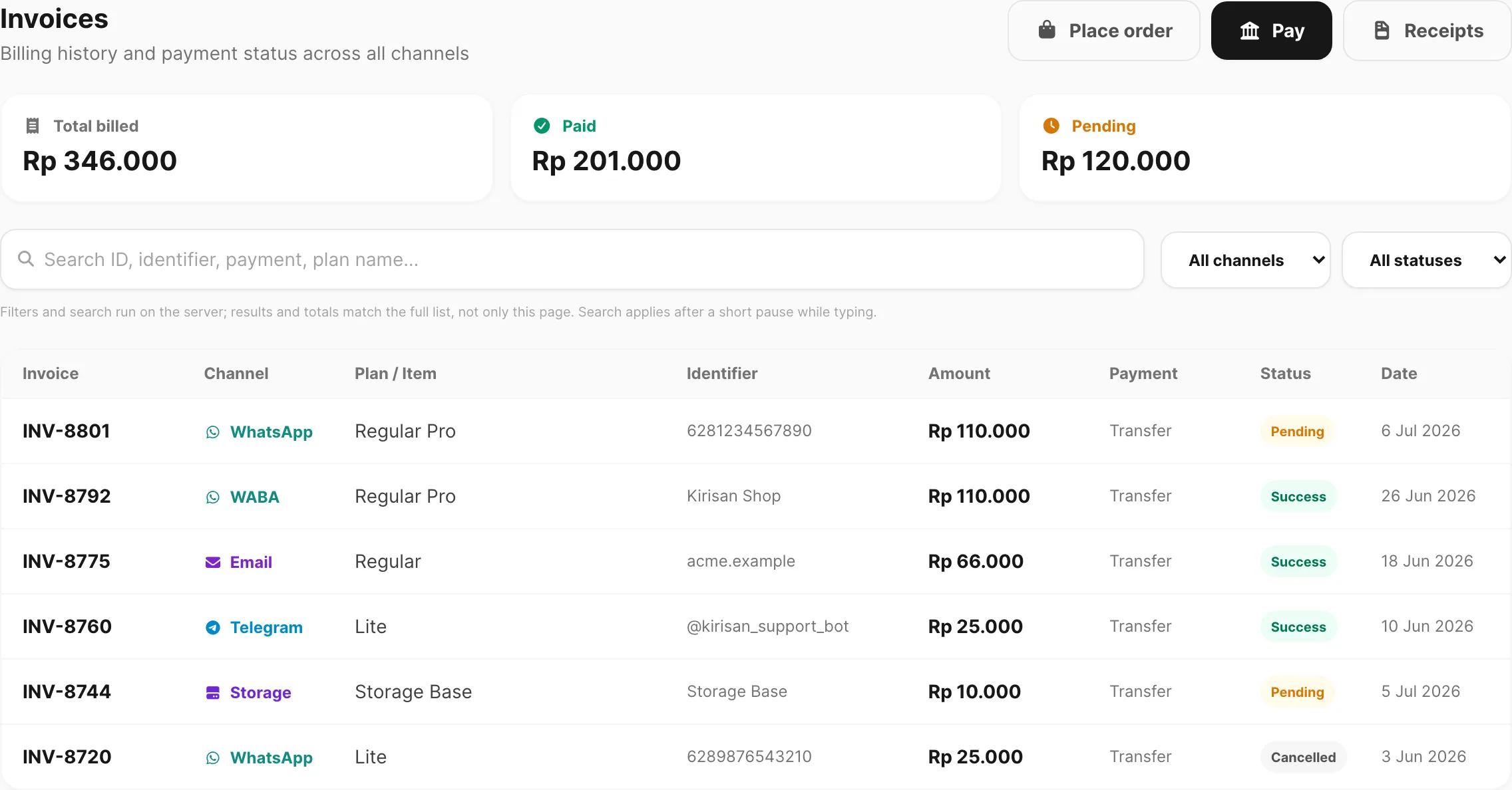 Invoices — summary cards, filters, and invoice table