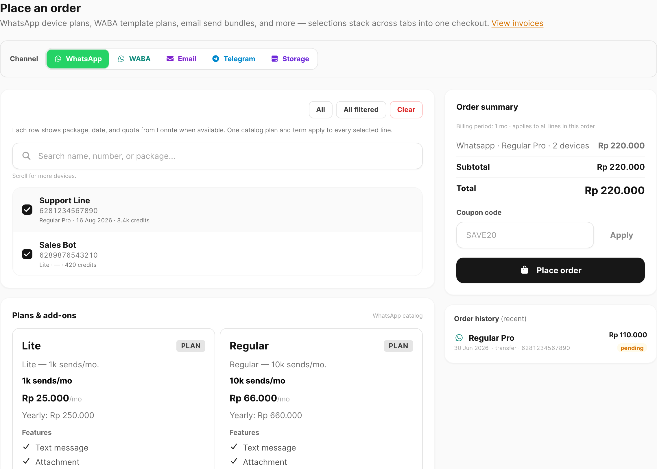 Place an order — channel tabs, device picker, billing period, and order summary