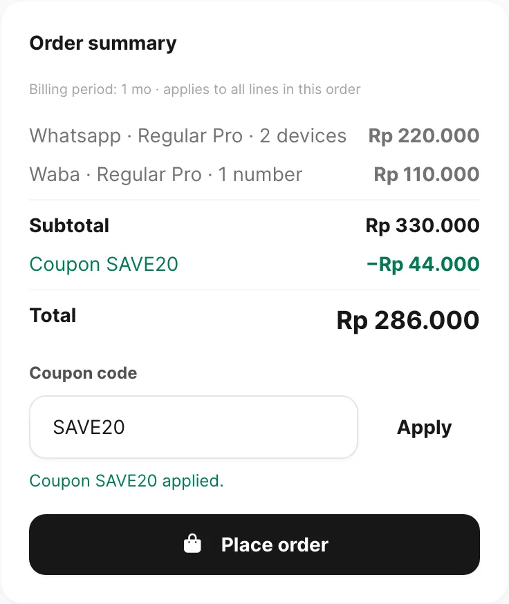 Order summary — stacked WhatsApp and WABA lines with Place order