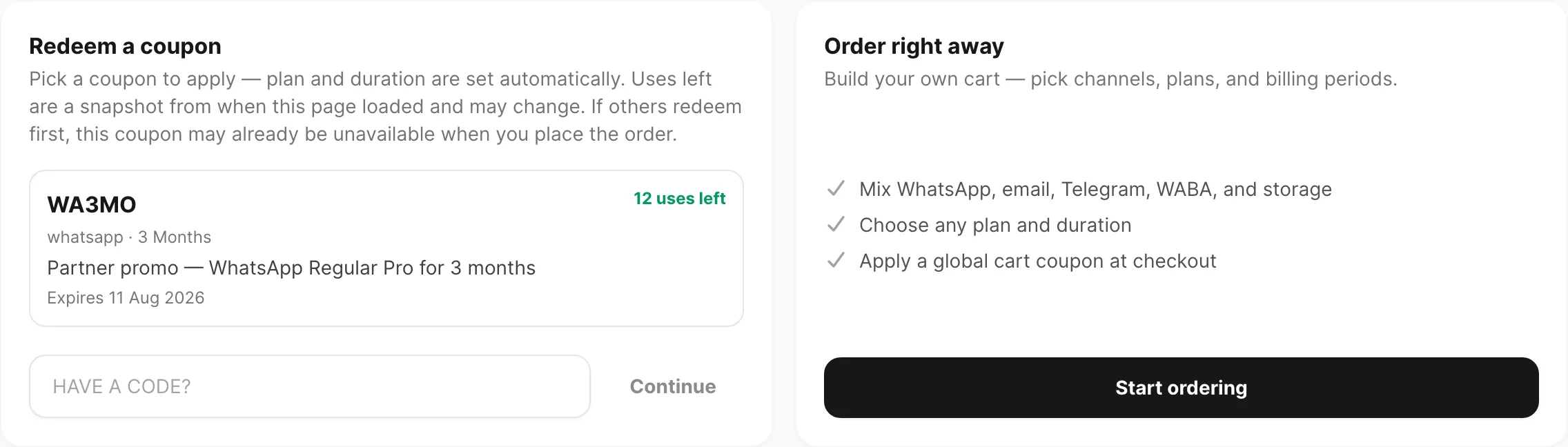 Redeem a coupon and Order right away cards