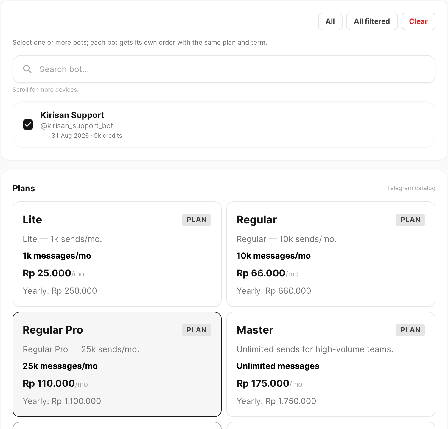 Telegram tab — bot picker and Telegram catalog