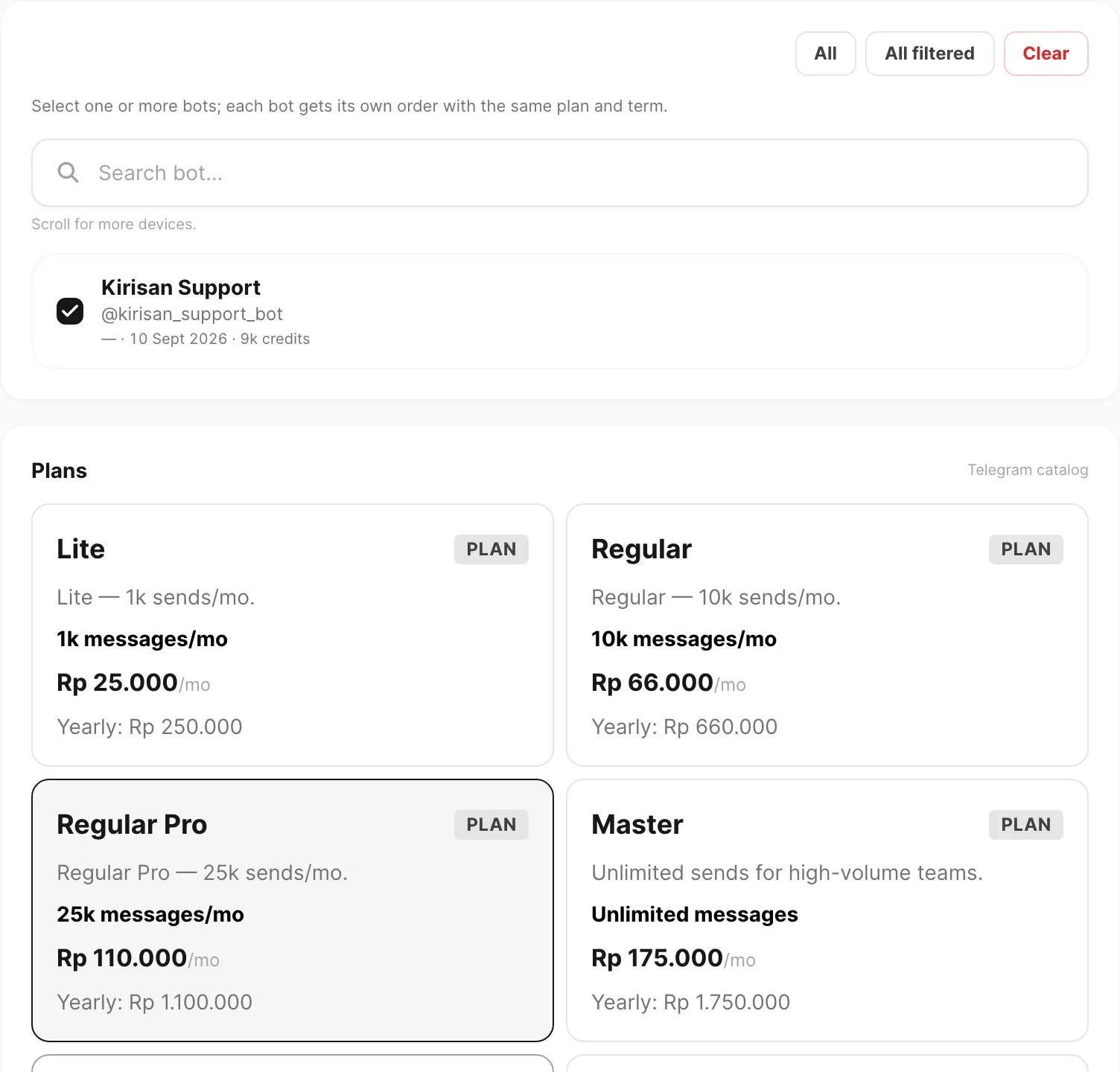 Telegram tab — bot picker and Telegram catalog