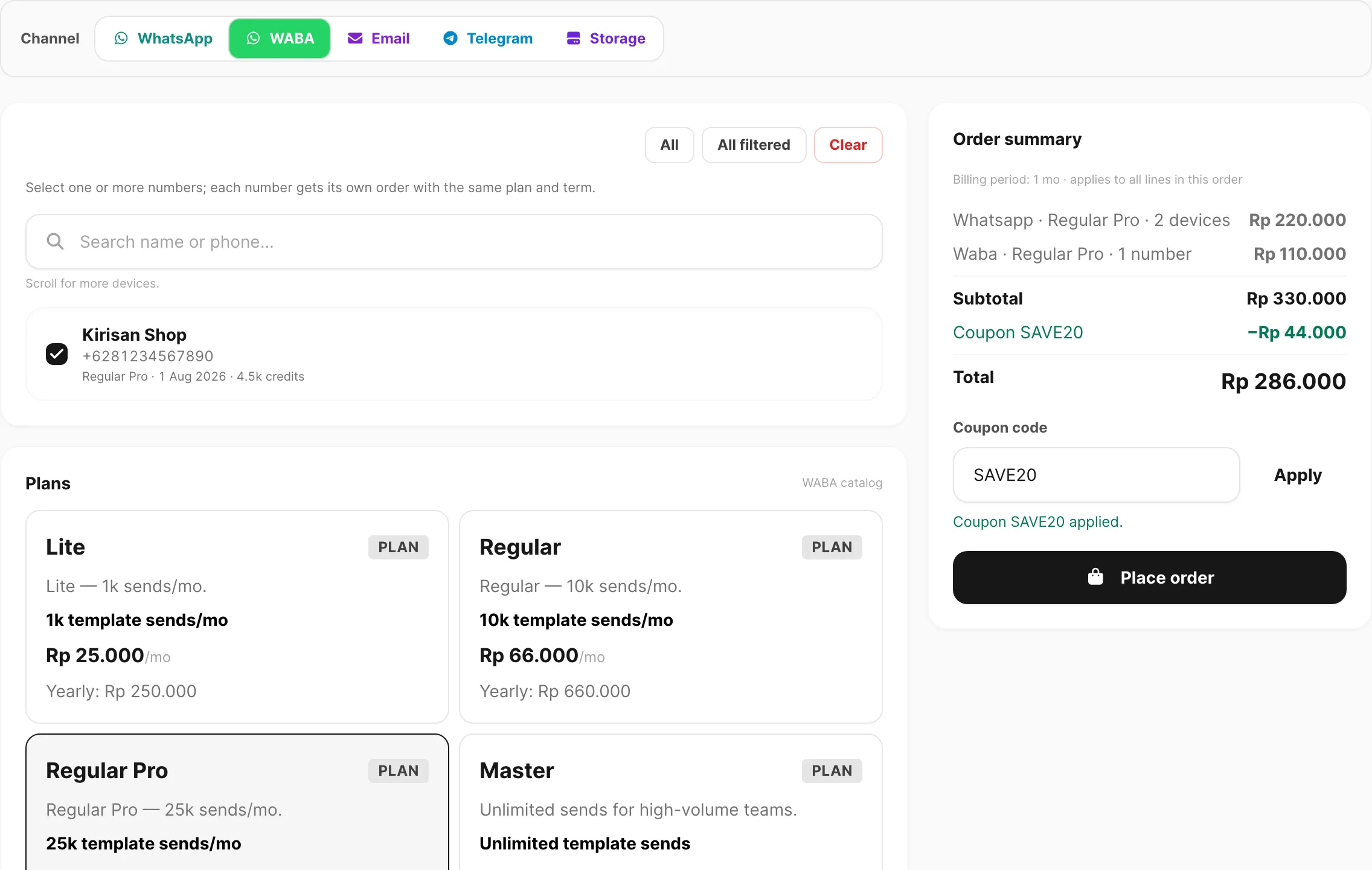 Place an order — tab WABA dengan nomor dan katalog plan