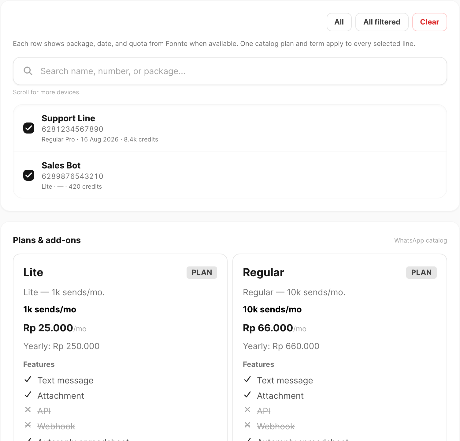 WhatsApp tab — multi-select device picker and plan catalog