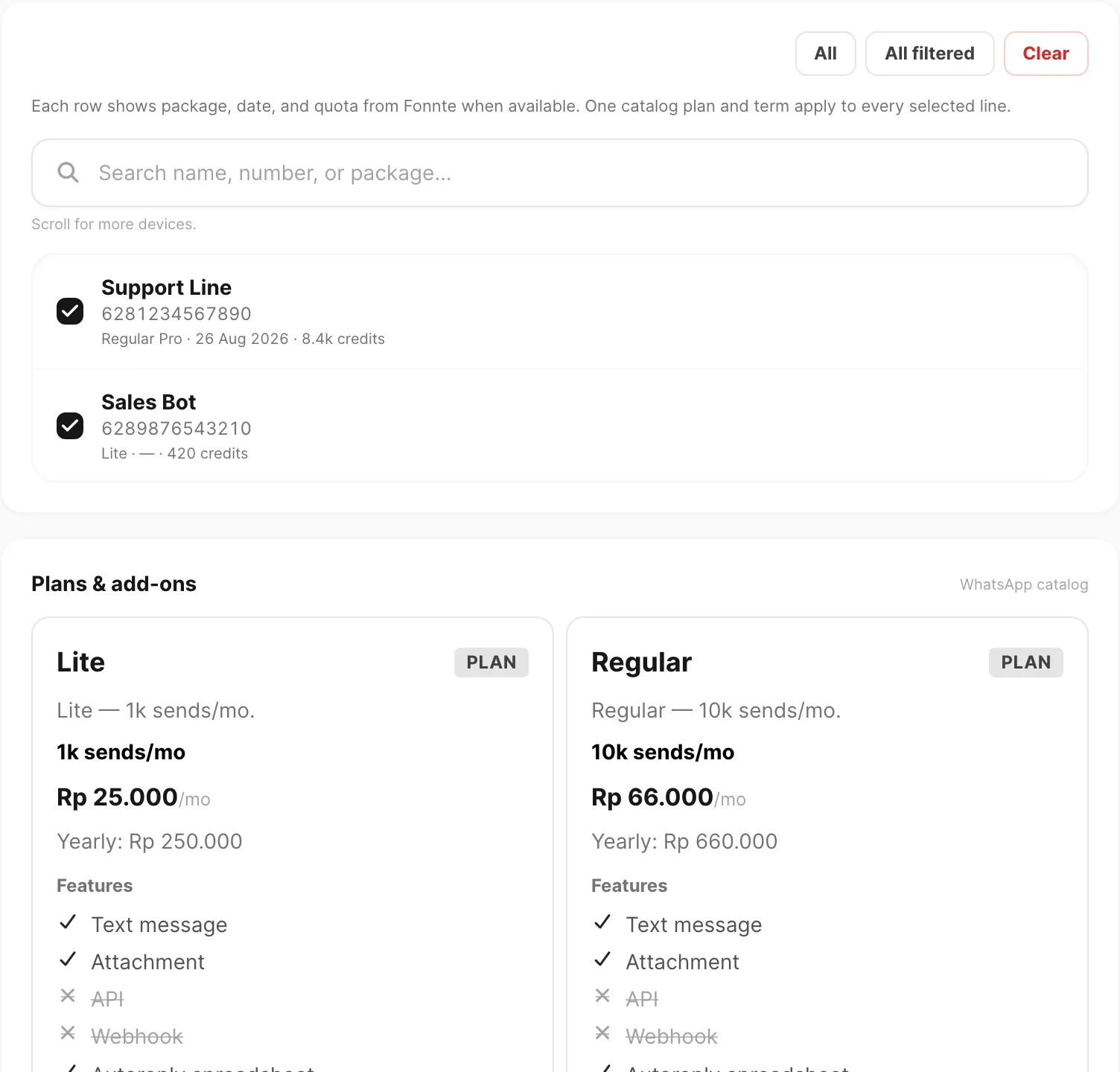WhatsApp tab — multi-select device picker and plan catalog