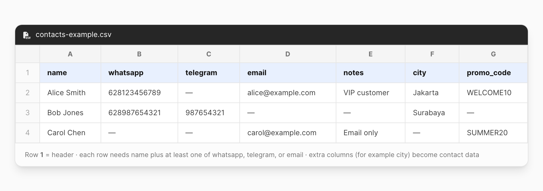 CSV example — name, whatsapp, telegram, email, notes, and extra data columns