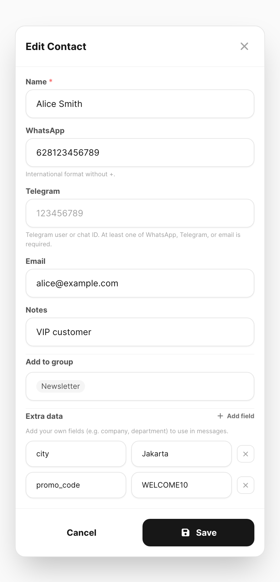 Edit contact — identifiers, groups, and extra data fields