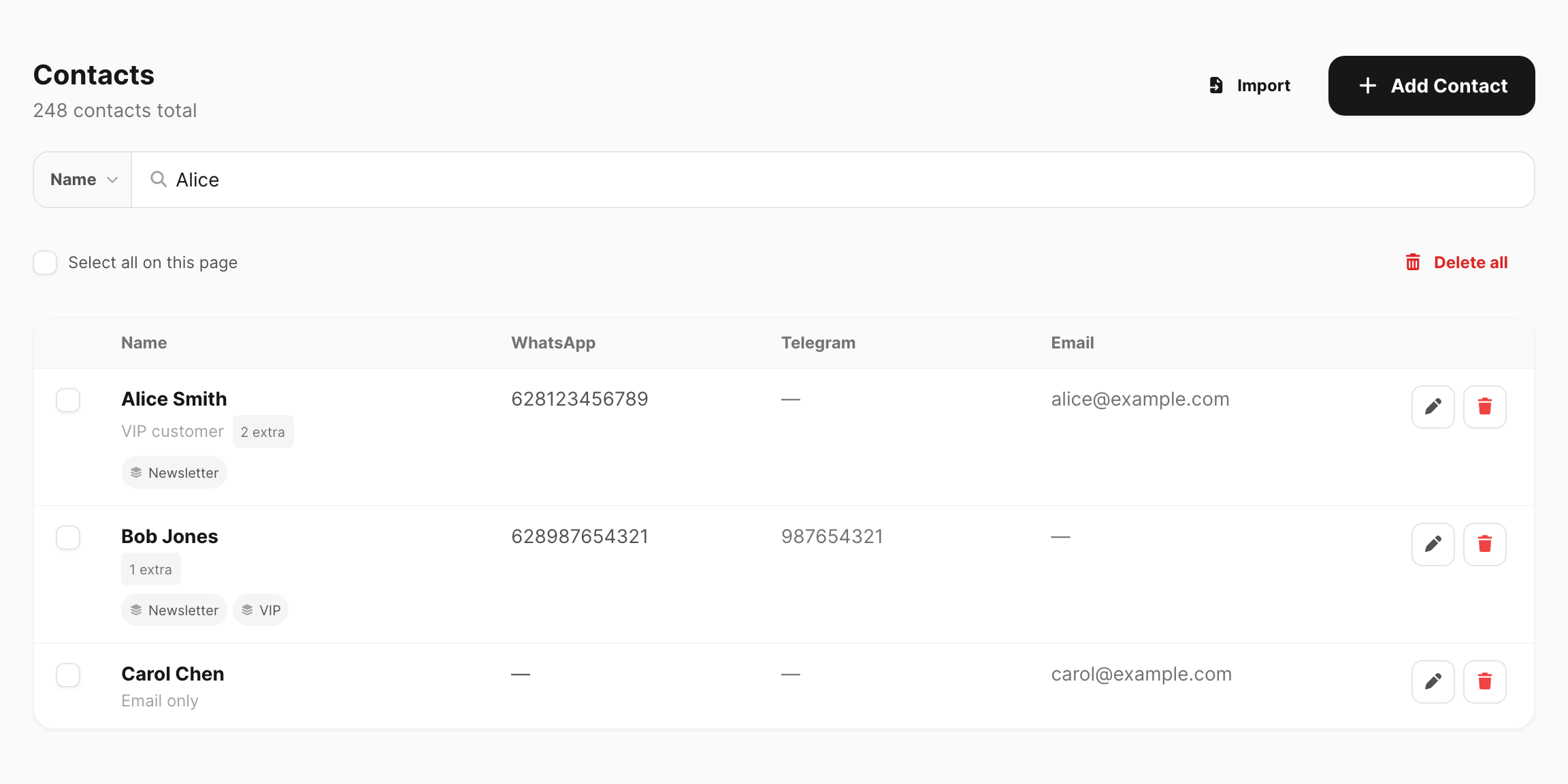 Contacts list — search, table, groups, and bulk actions