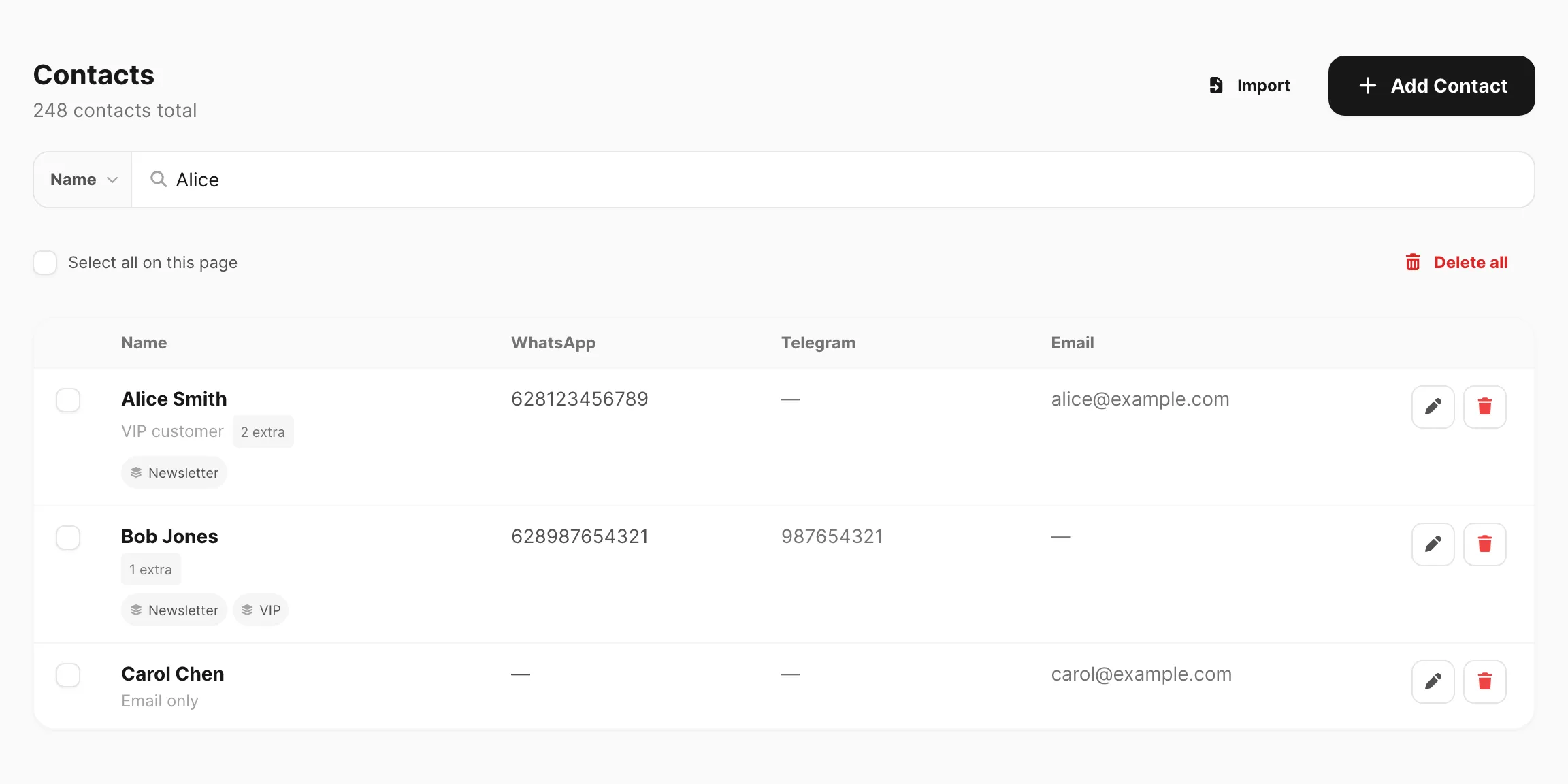 Contacts list — search, table, groups, and bulk actions