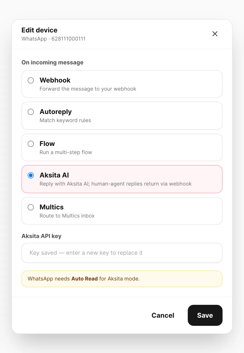 Device edit — On incoming message set to Aksita AI with API key field