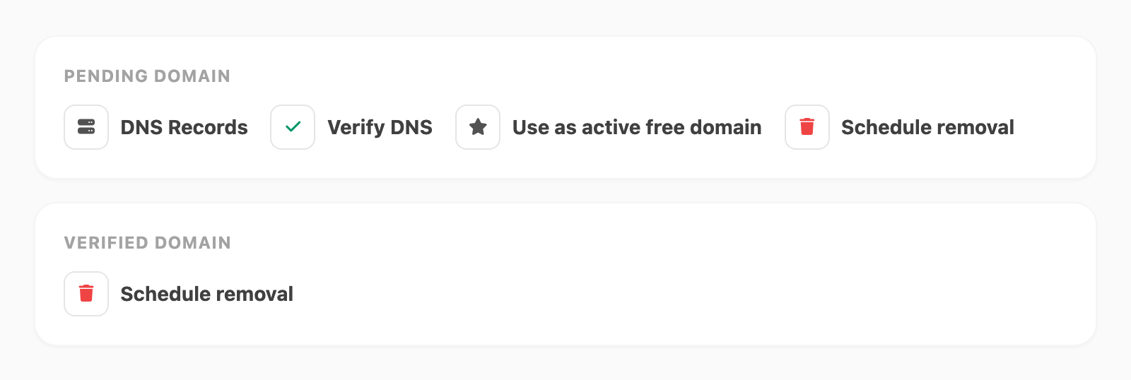 Email domain row actions — pending vs verified