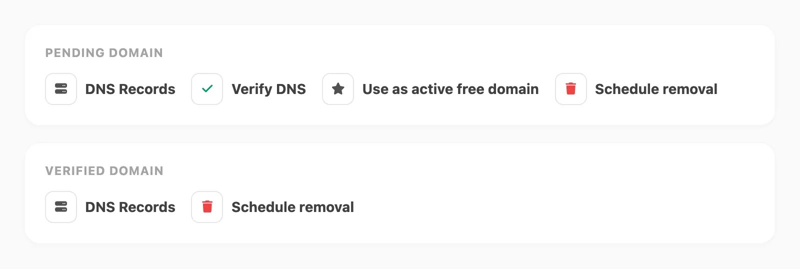 Email domain row actions — pending vs verified