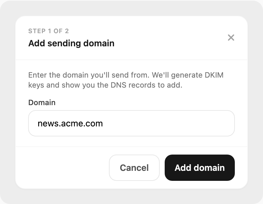 Add sending domain — step 1, enter domain name