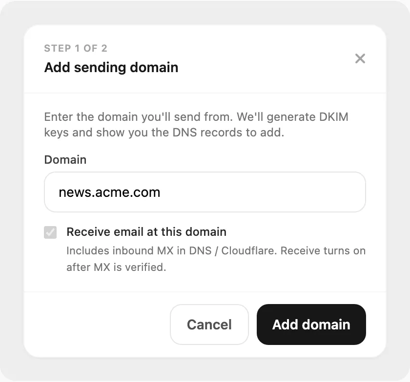 Add sending domain — domain name and optional Receive email
