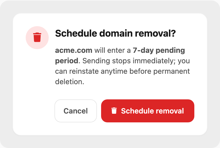 Schedule domain removal — 7-day grace period
