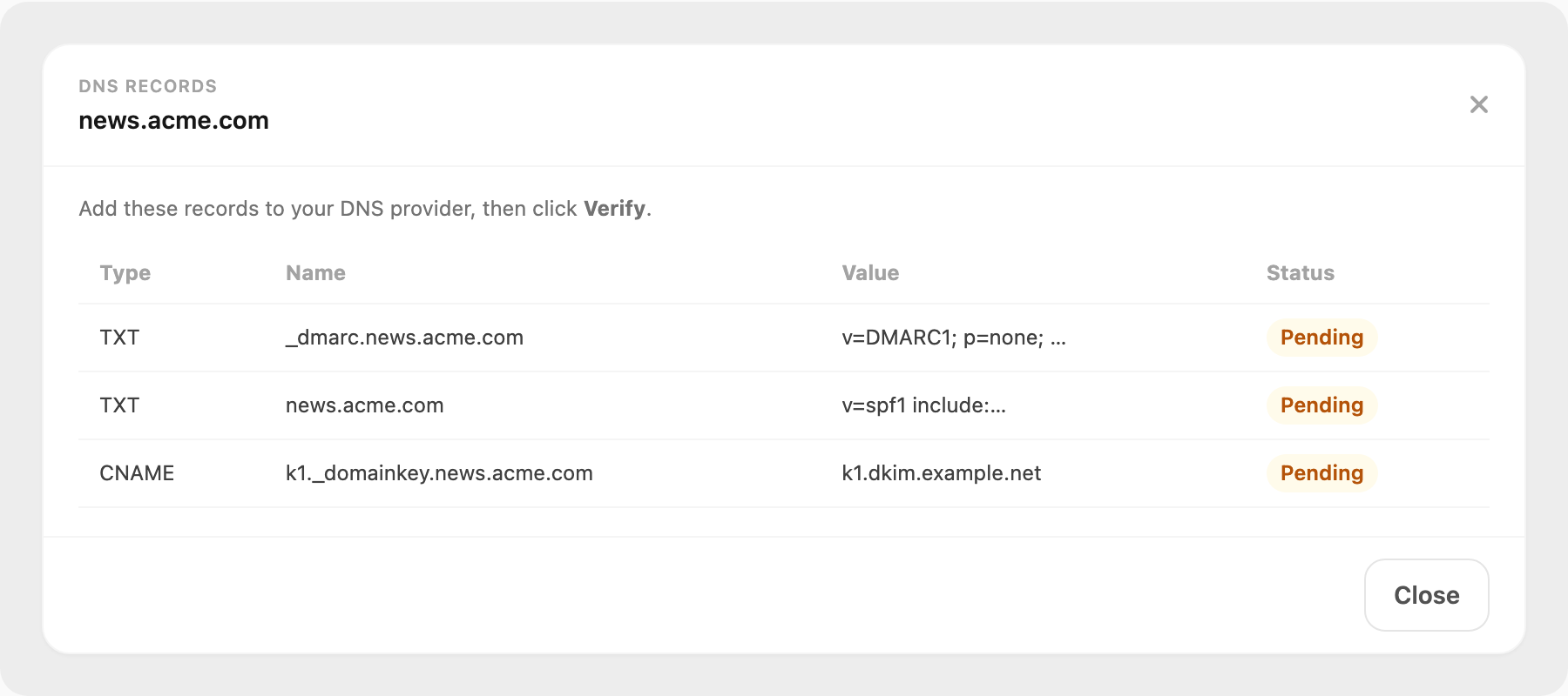 Configure DNS records — DKIM, SPF, and DMARC