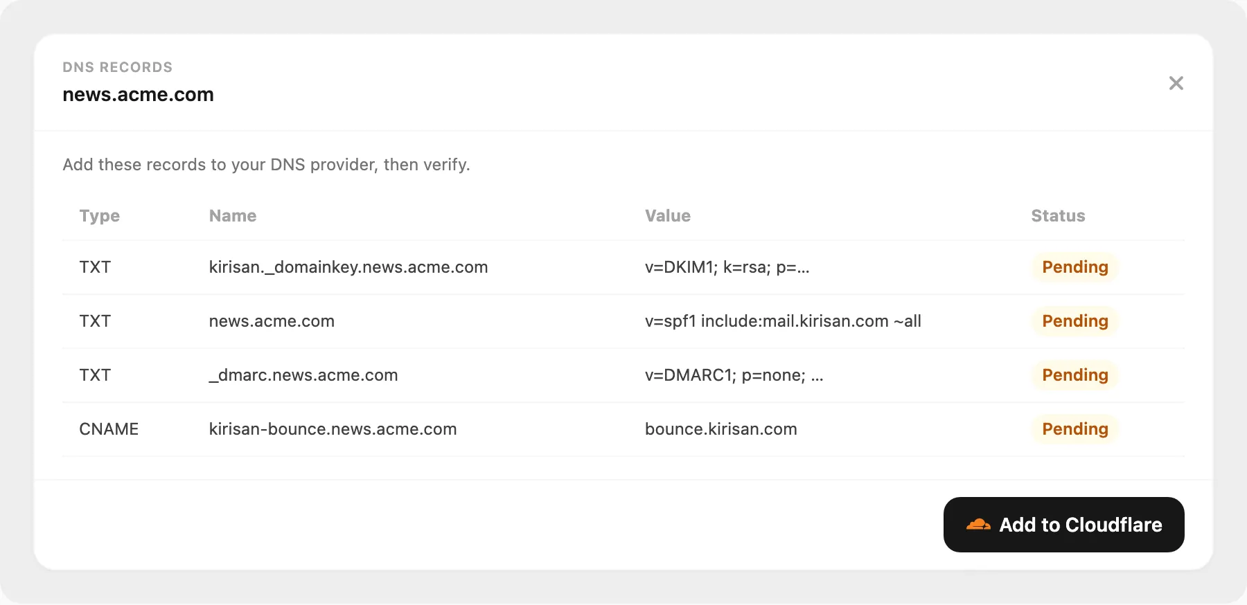 Configure DNS records — DKIM, SPF, DMARC, bounce CNAME
