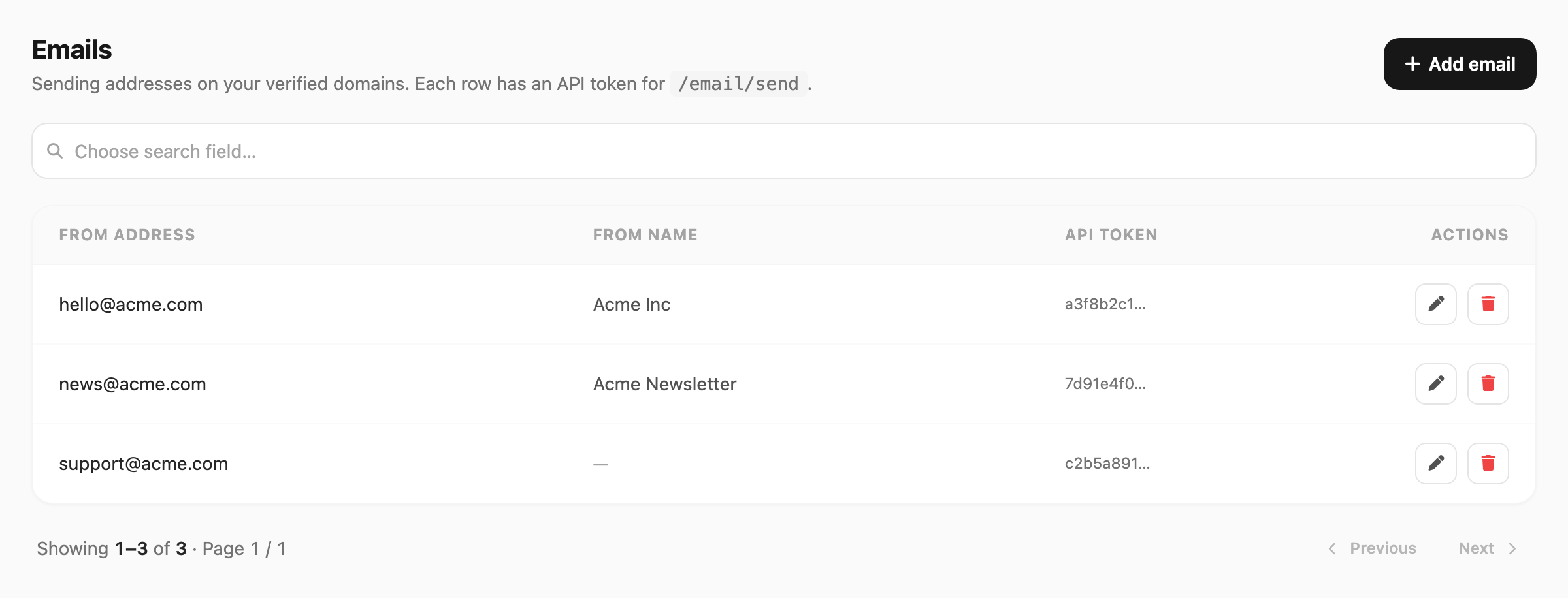Email senders — search, table, and pagination