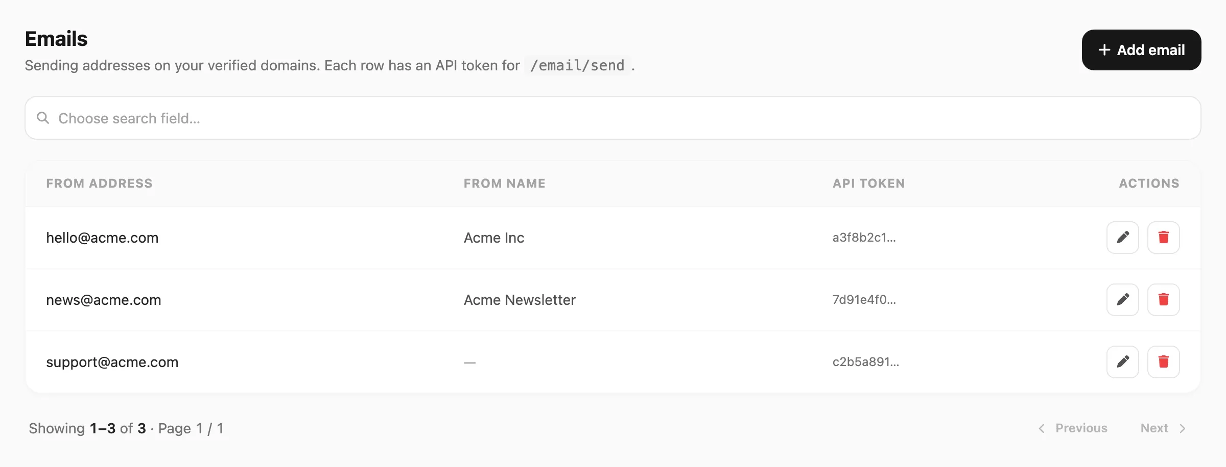 Email senders — search, table, and pagination