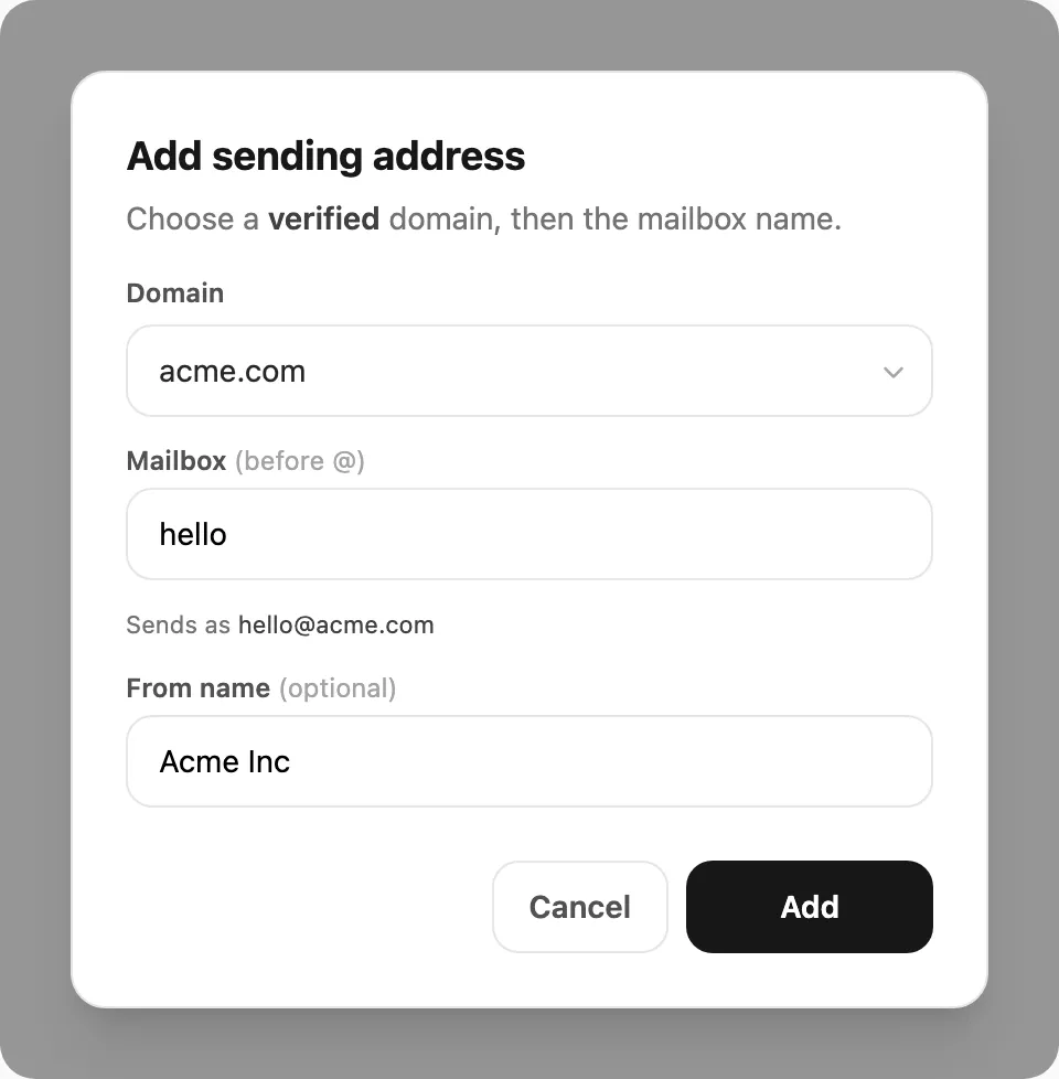 Add sending address — domain, mailbox, and optional from name