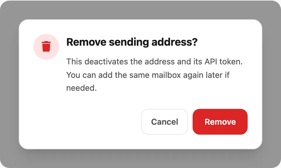 Remove sending address confirmation
