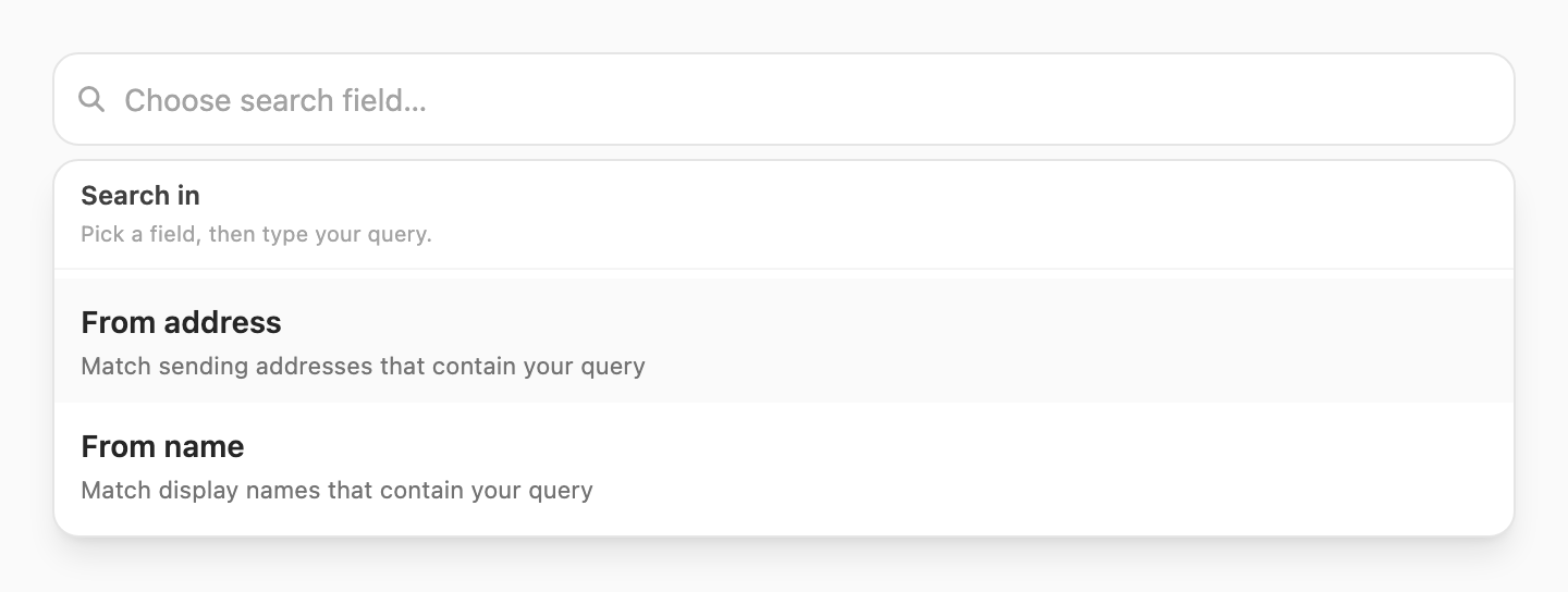 Search in popup — choose From address or From name