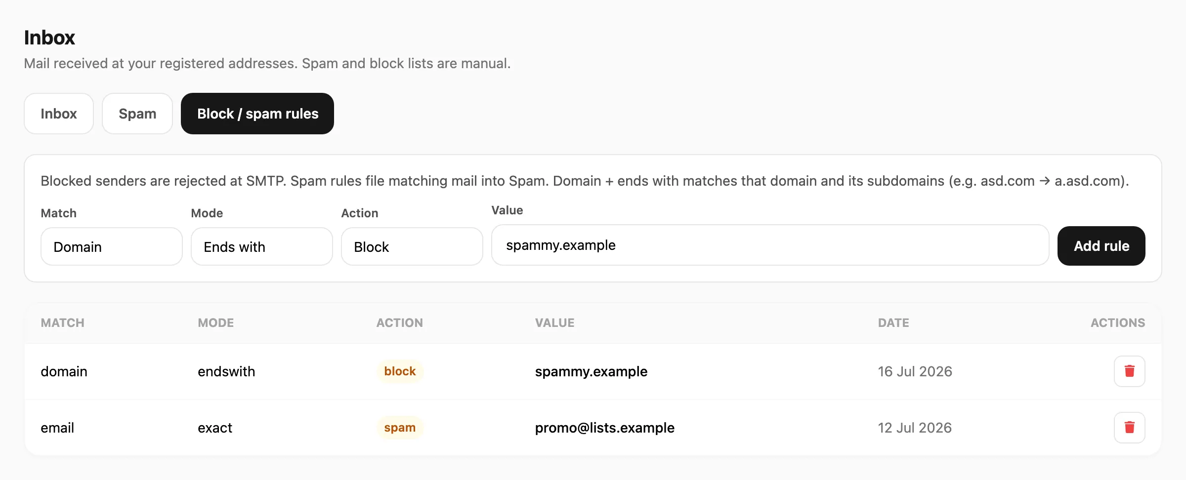 Block / spam rules — add form and rules table