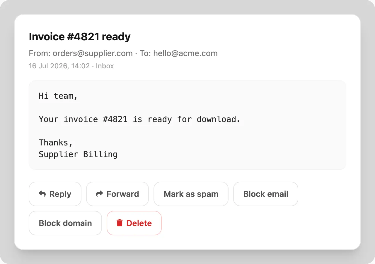 Message detail — subject, from/to, body, and reply, forward, spam, or block actions