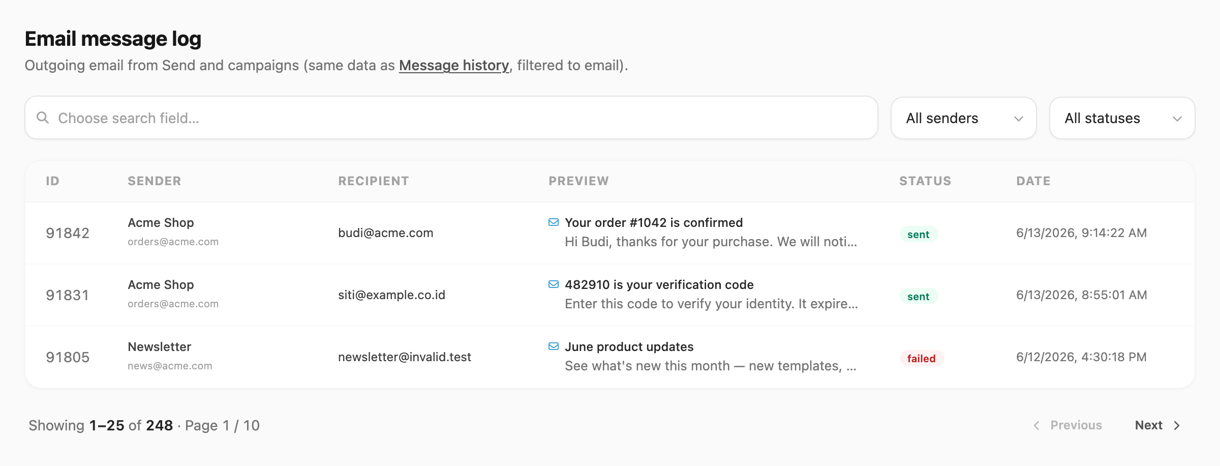 Email message log — search, sender and status filters, table, and pagination