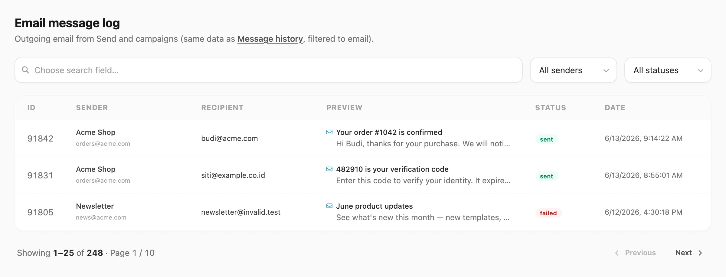 Email message log — search, sender and status filters, table, and pagination