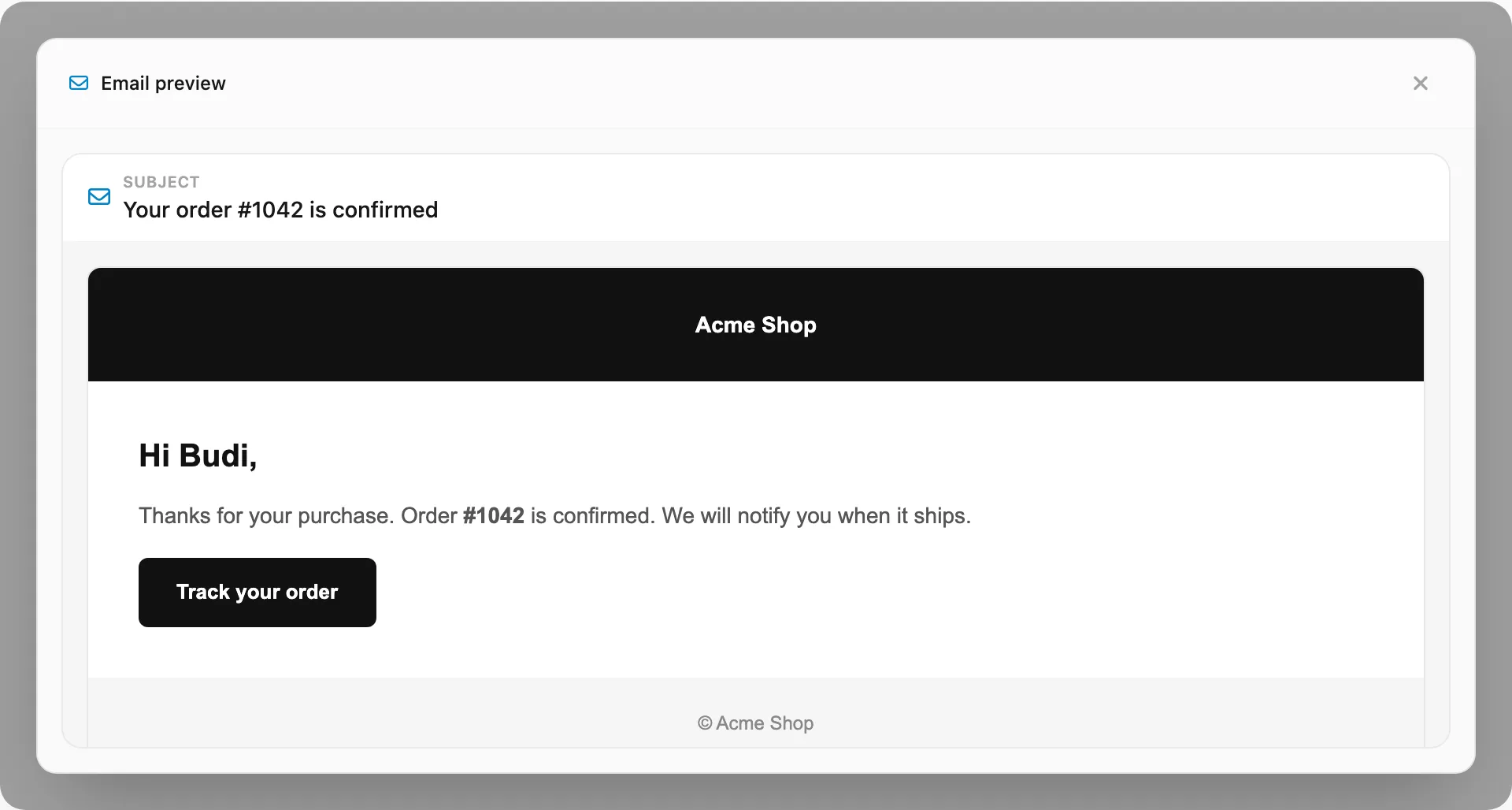 Email preview popup — subject bar and full-width rendered HTML body