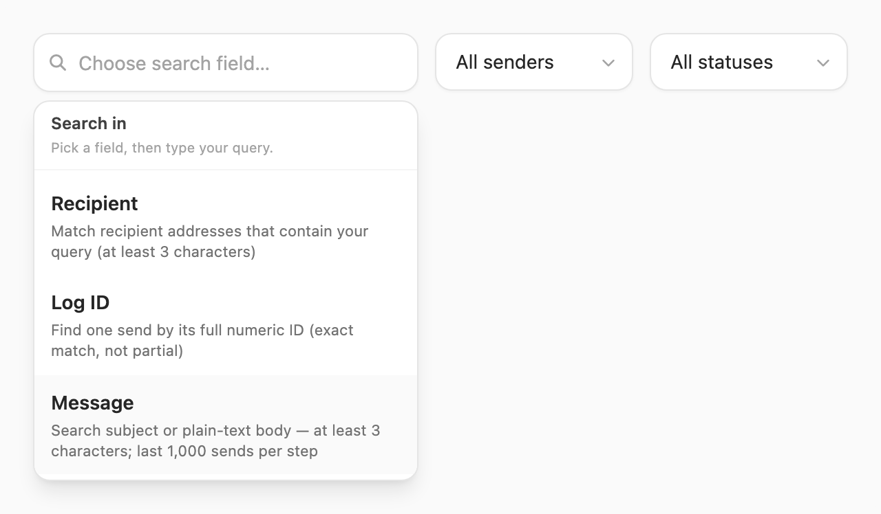 Search in popup — choose Recipient, Log ID, or Message