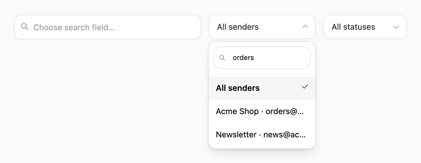 Sender filter — searchable dropdown with from name and address