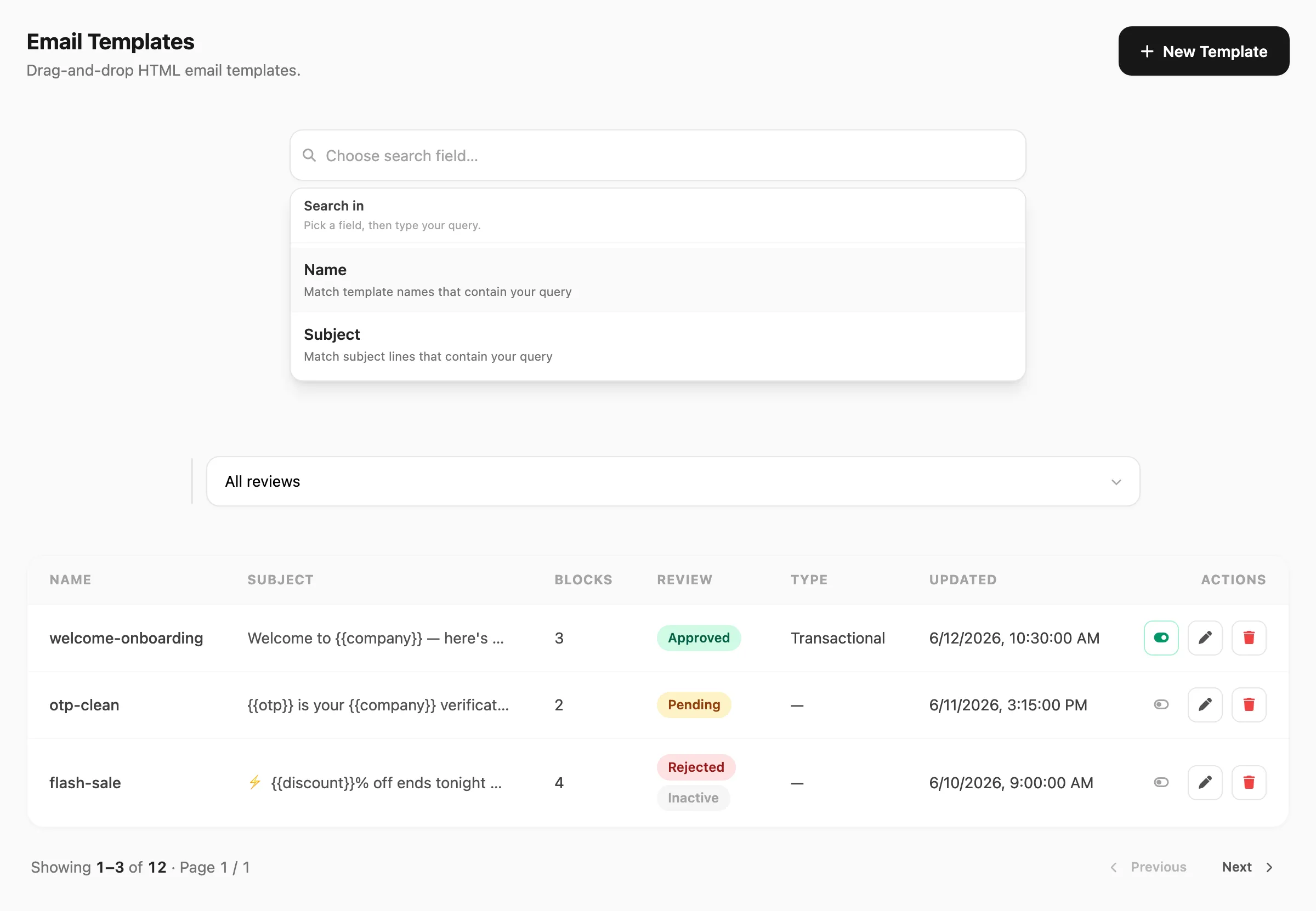 Email Templates — list header, template table, and row actions