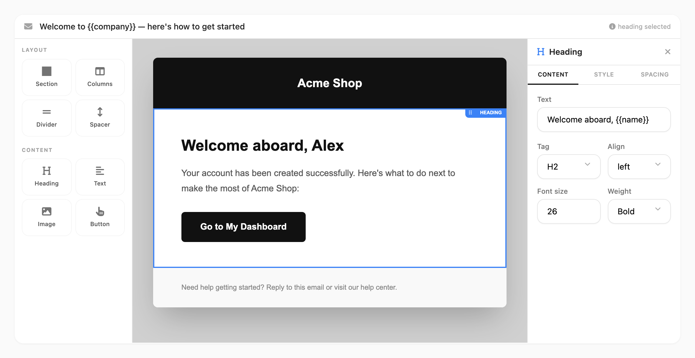 Email block editor — subject line, block palette, canvas, and properties