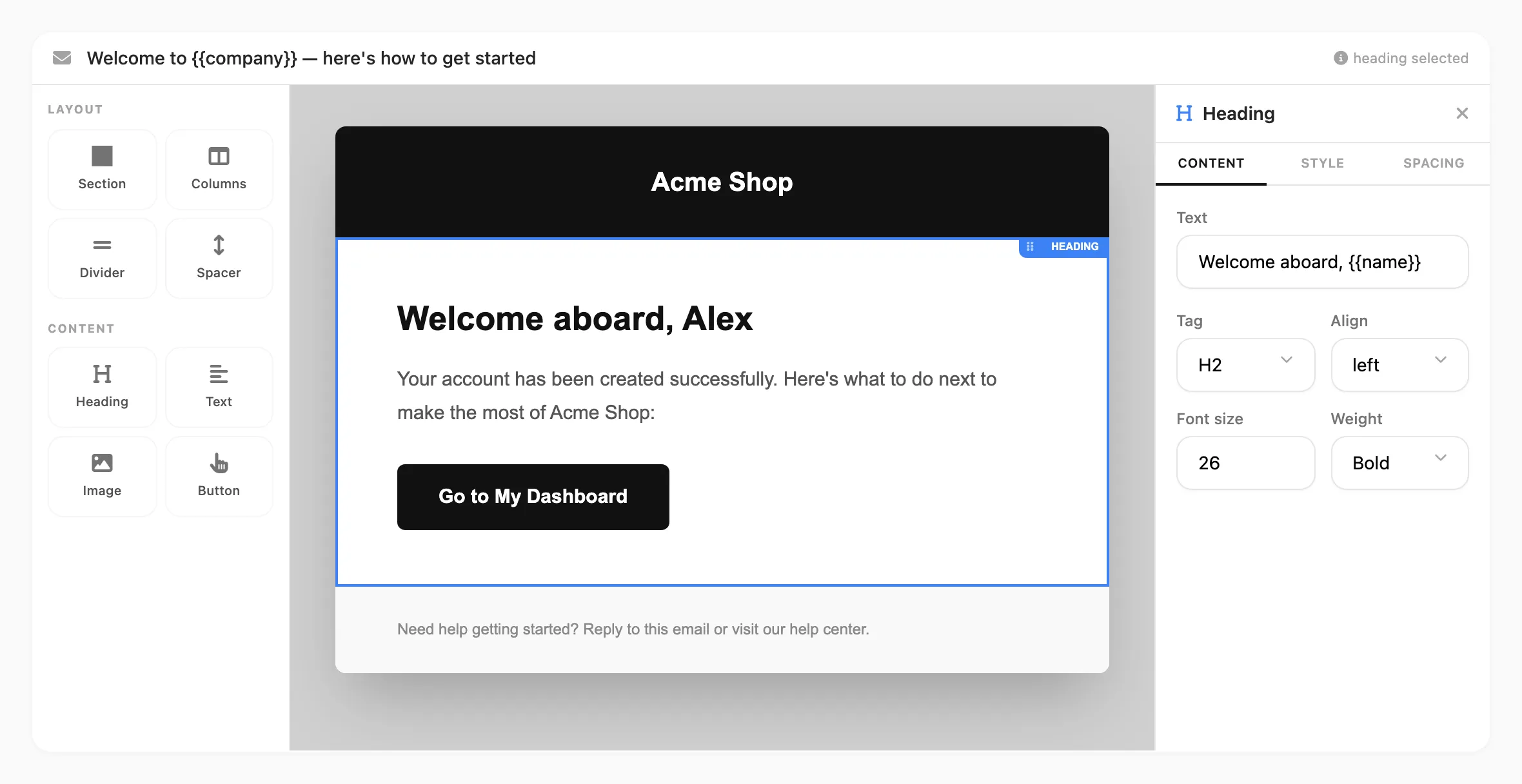 Email block editor — subject line, block palette, canvas, and properties