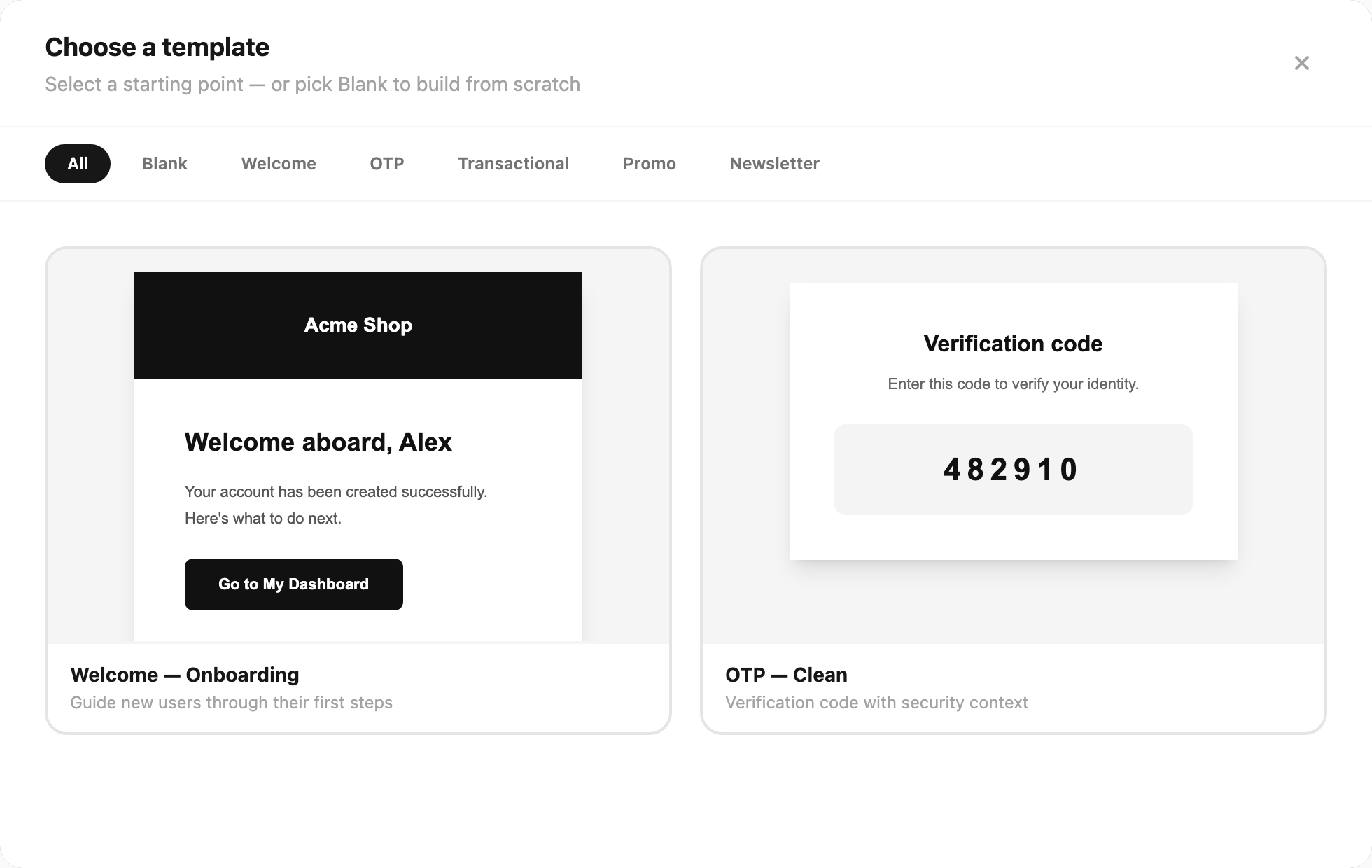 Choose a template — category tabs and email previews