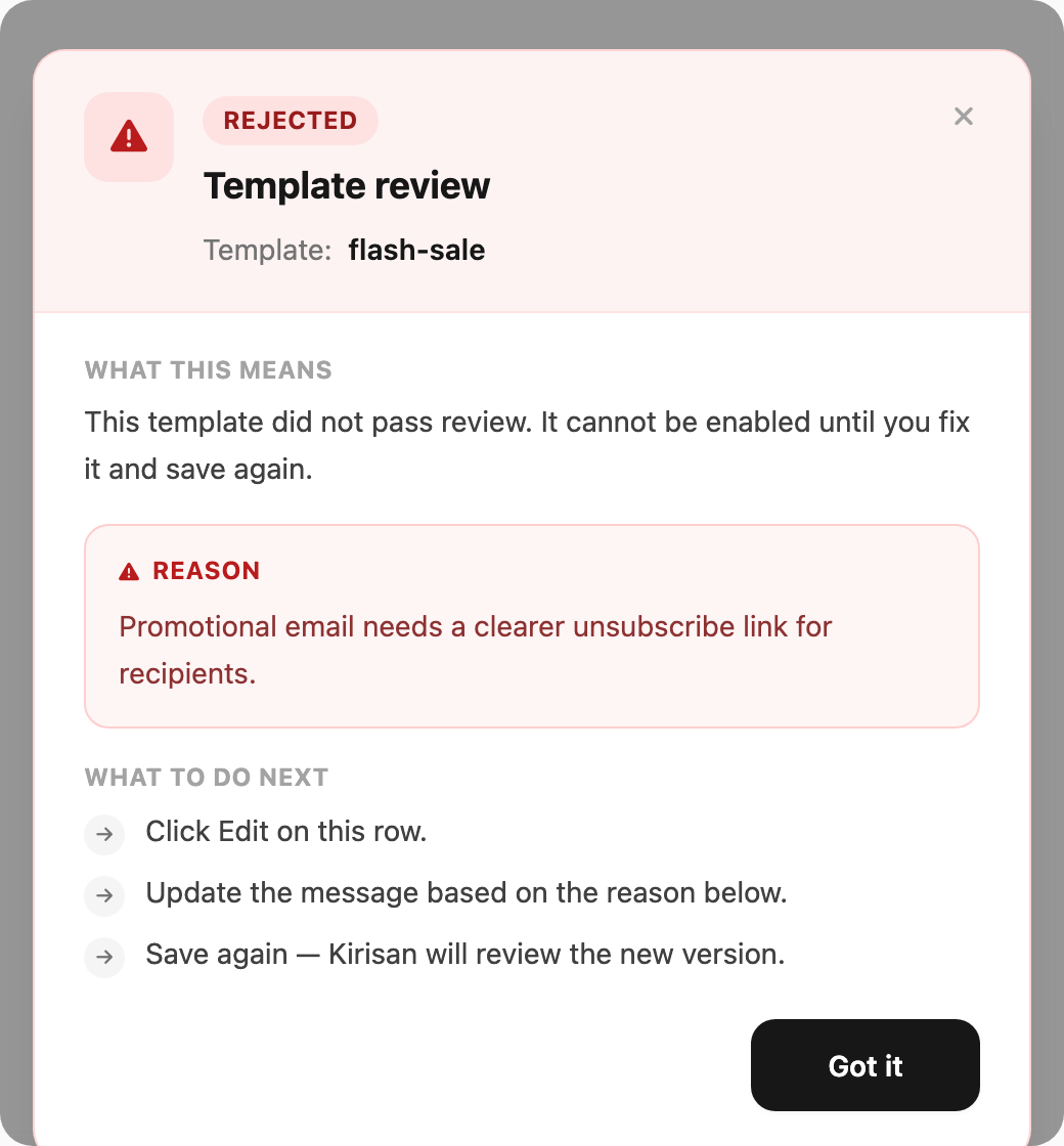 Template review popup — status, template name, reason, and next steps