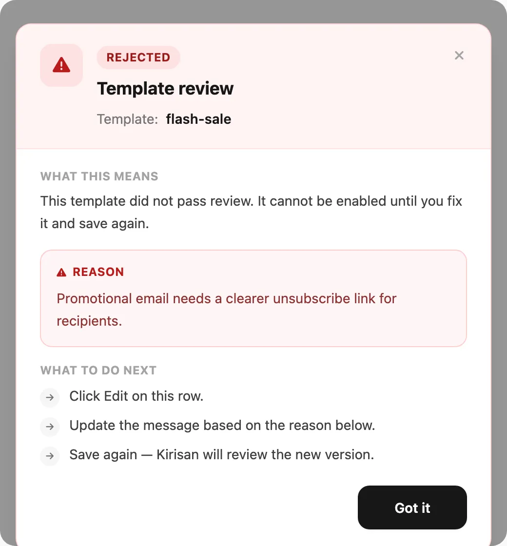 Template review popup — status, template name, reason, and next steps