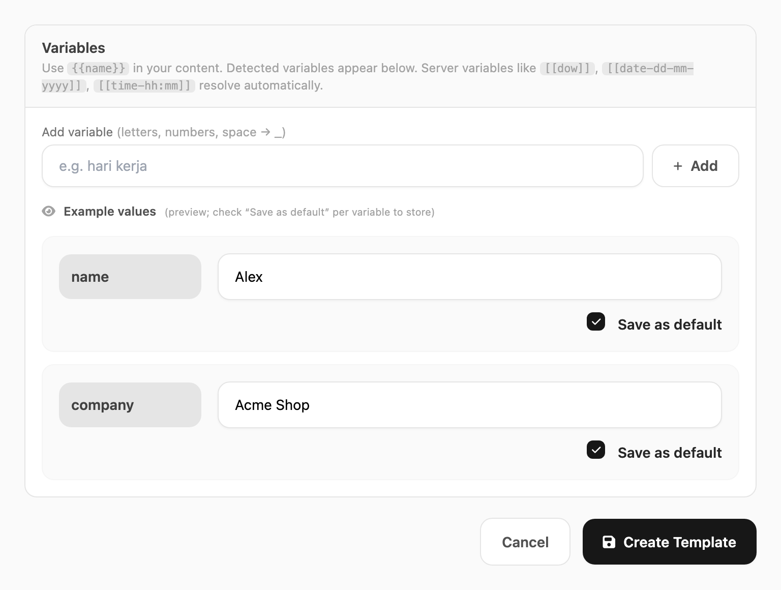 Variables panel — add variable, example values, save as default