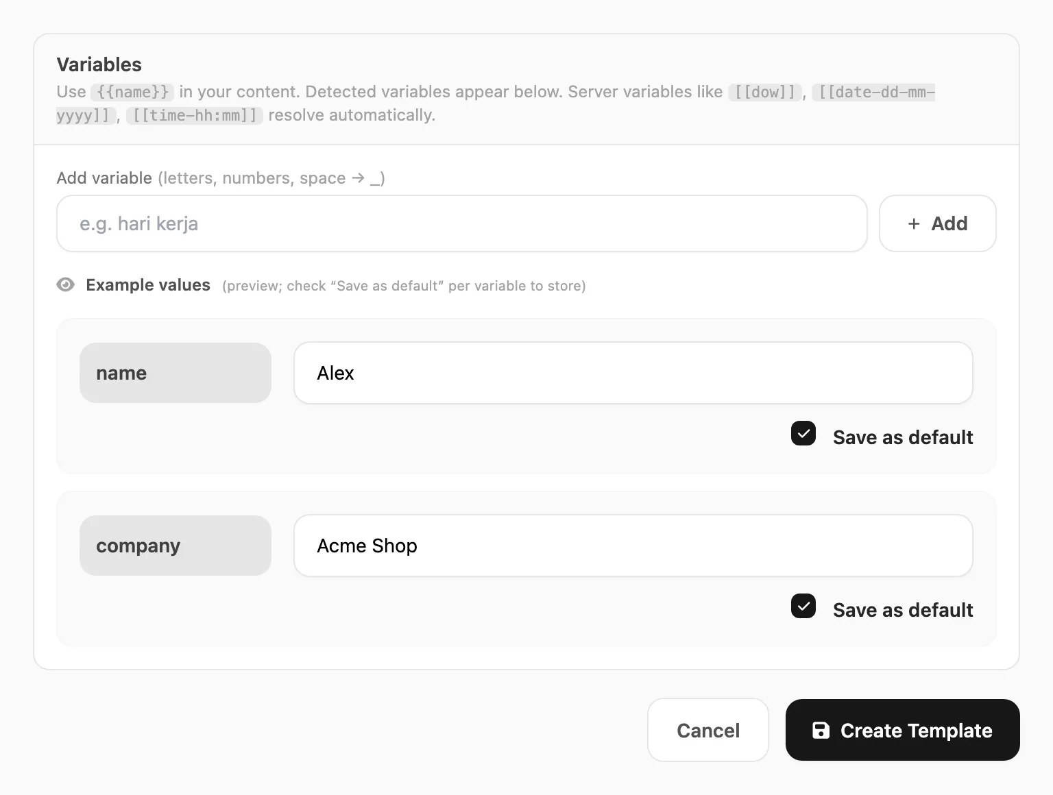 Variables panel — add variable, example values, save as default