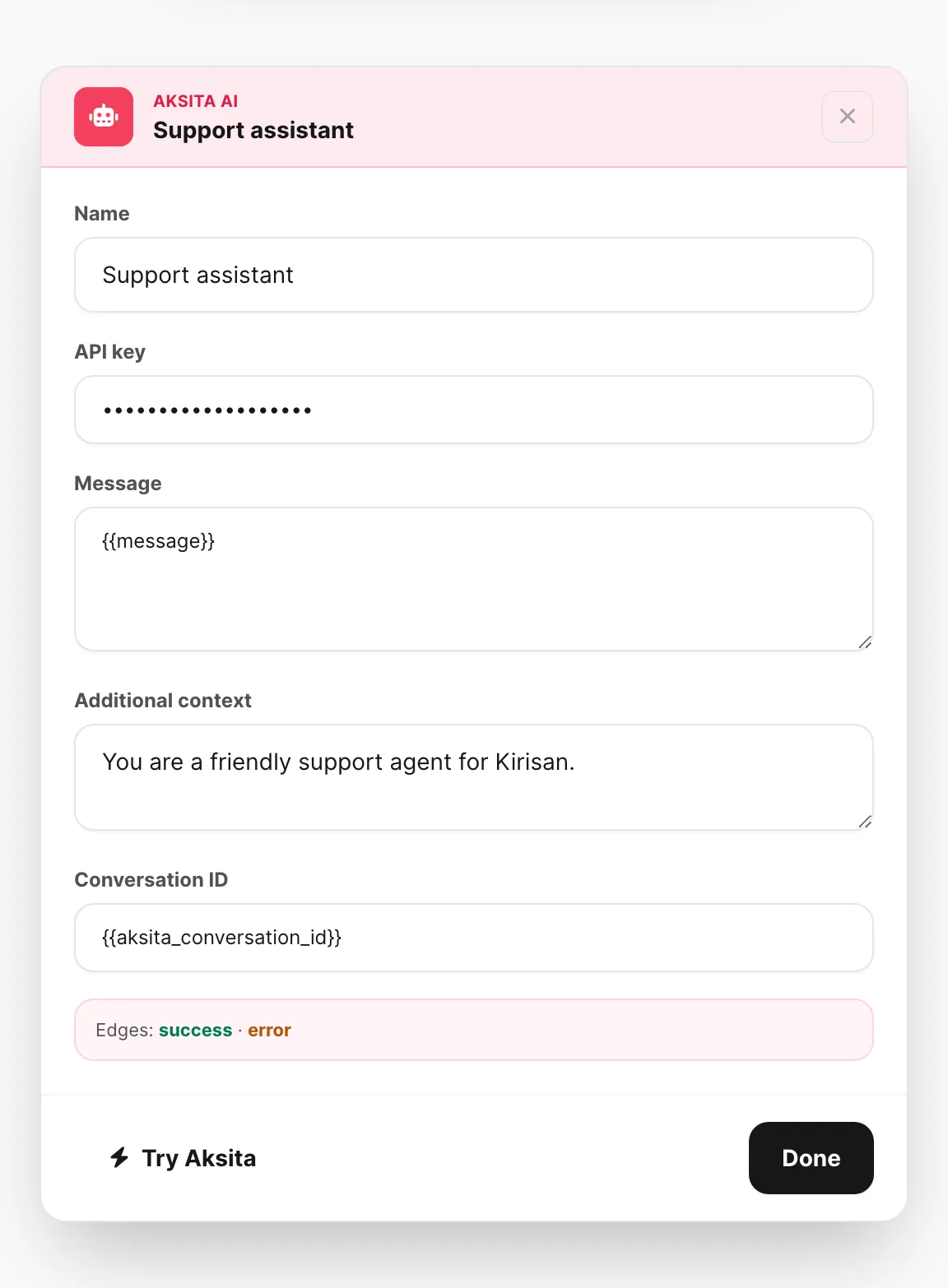 Aksita AI node editor — API key, message, context, and conversation ID